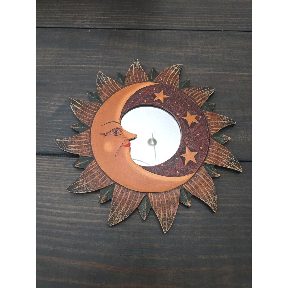 Vintage Celestial Sun Moon Stars Mirror  Wooden Hand Painted Whimsy 12"